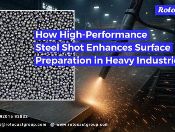 High-performance steel shot being used in automated blasting machinery for industrial surface preparation and coating readiness applications.