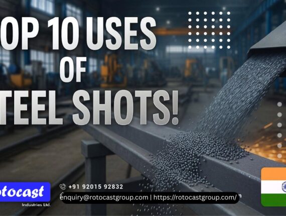 Steel shots being used in automated blasting equipment for industrial cleaning, peening, and surface preparation applications in manufacturing.