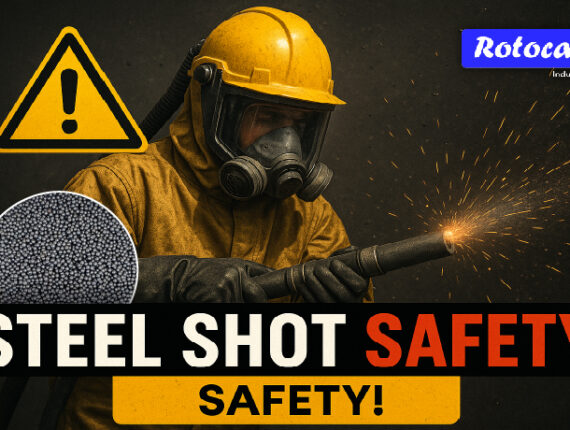 Industrial blasting operator using steel shot and steel grit with proper safety equipment inside a controlled blasting chamber.