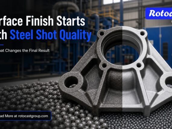 Banner ad showing a heavy metal part with the headline 'Surface Finish Starts with Steel Shot Quality' and the Rotocast logo in the top-right corner.