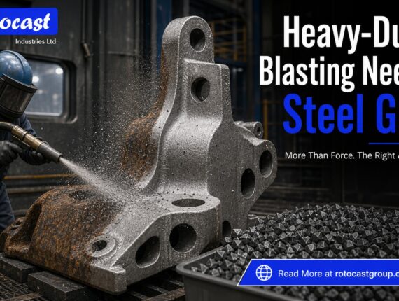 Industrial shot blasting line using steel grit and steel shot media for heavy-duty surface preparation, by Rotocast Industries Ltd.