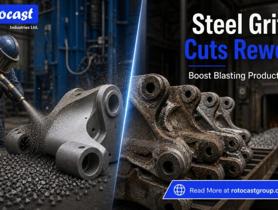 Steel grit blasting a metal casting to reduce industrial rework and improve production efficiency