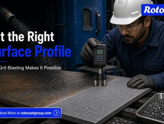 Steel Grit Blasting creating a controlled anchor profile on steel before coating, demonstrated by Rotocast Industries Ltd. abrasives.