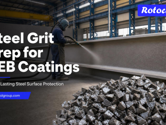 Steel Grit India preparing PEB structural steel for durable coating adhesion, shown as industrial blasting by Rotocast Industries Ltd.